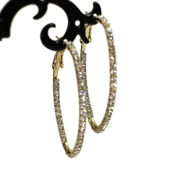 Lauren G Adams Oval Hoop Earrings Rhinestone Crystal Inside Out Gold Finish - Picture 4 of 5